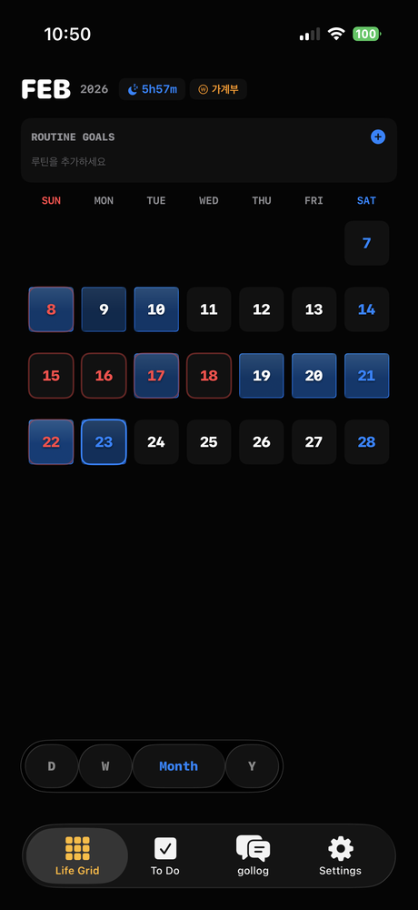 gollog vista mensual — resumen del mes