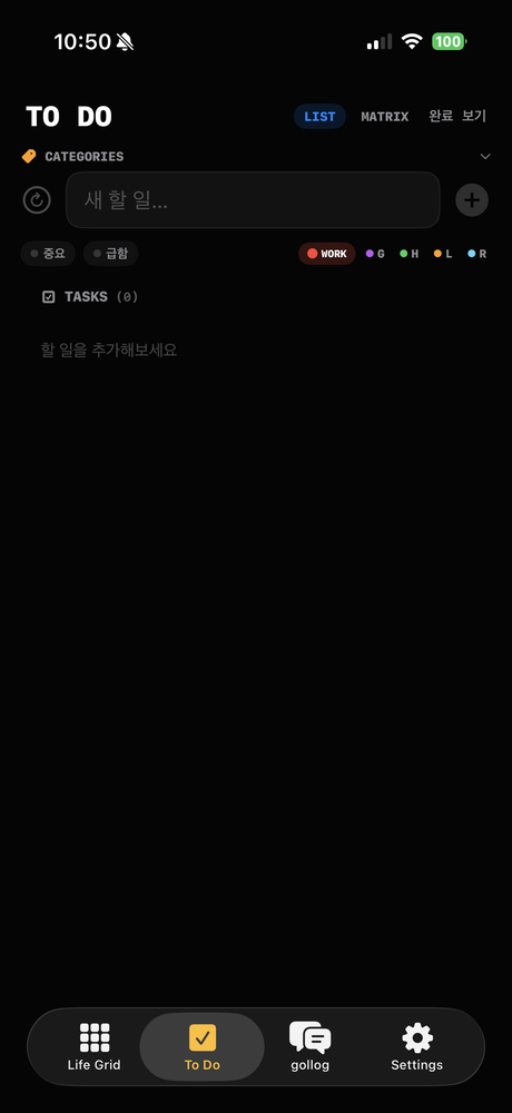 gollog Tareas — gestión con Eisenhower Matrix