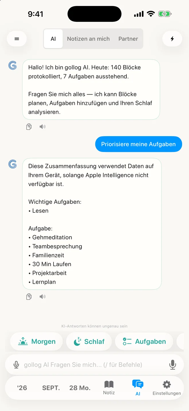 gollog — KI-Chat. Echte App-Ansichten mit Beispieldaten