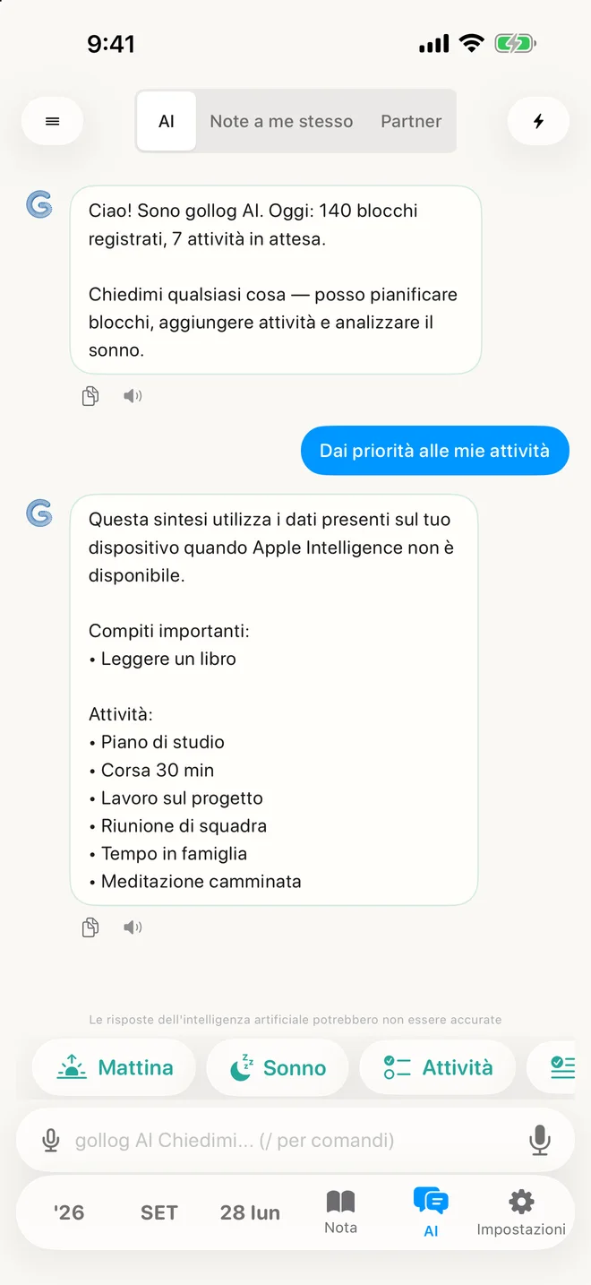 gollog — Chat IA. Schermate reali dell’app con dati di esempio
