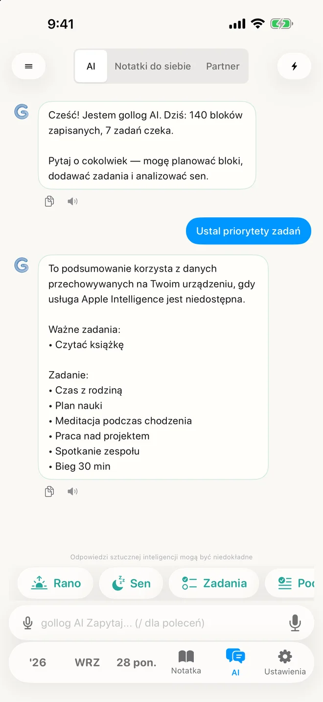 gollog — Czat AI. Rzeczywiste ekrany aplikacji z przykładowymi danymi