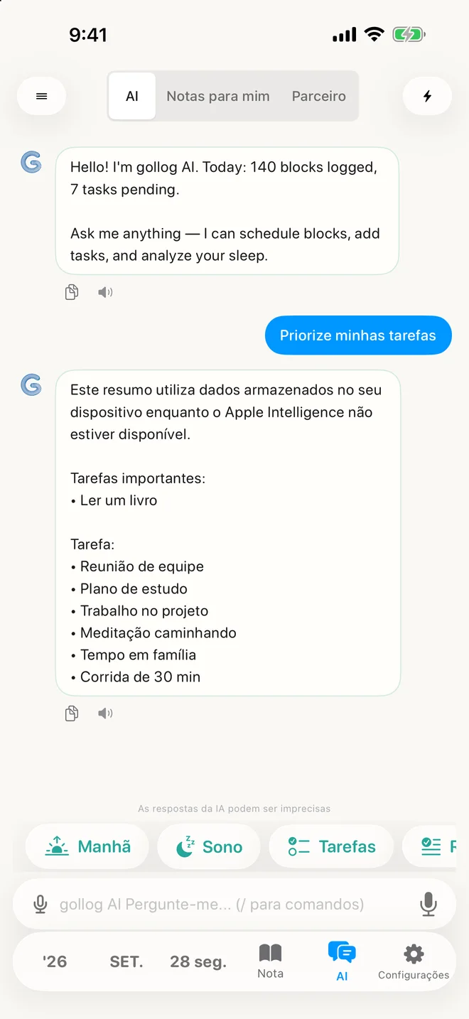 gollog — Chat IA. Telas reais do app com registros de exemplo
