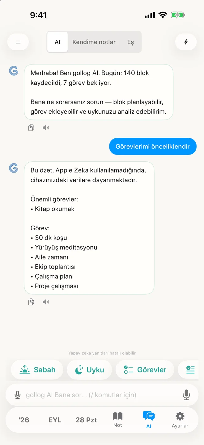 gollog — Yapay Zeka Sohbet. Örnek kayıtlarla gerçek uygulama ekranları